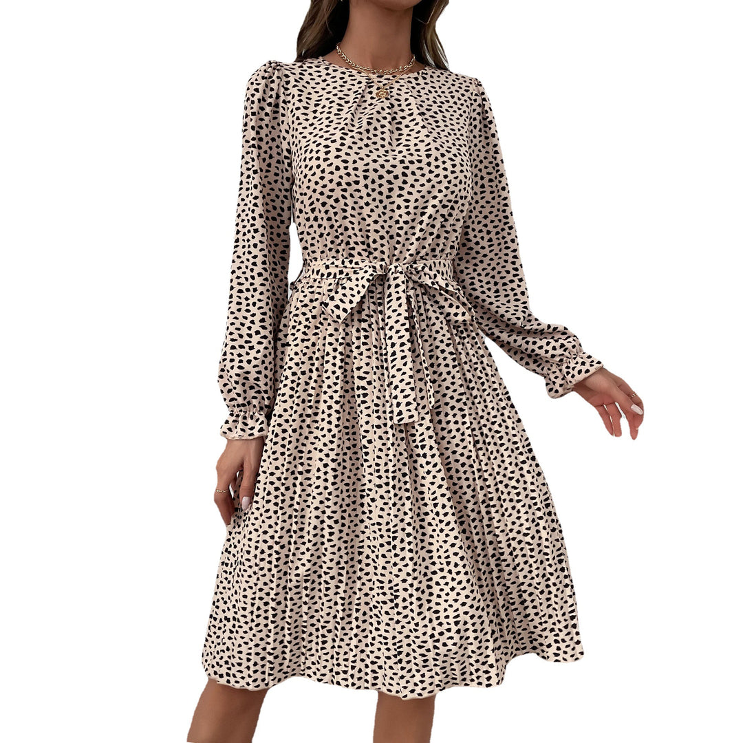 Women Elegant Pleated Midi Dress with Waist Sash, Ruffled Puff Sleeves and A-Line Skirt