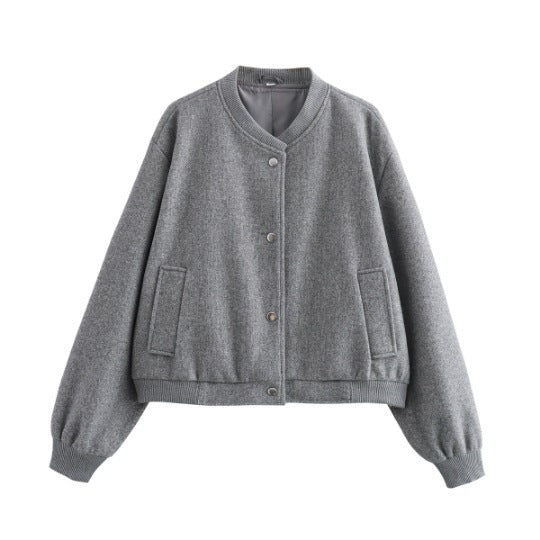 Women Short-Cut Wool Blend Bomber Jacket with Snap Buttons and Ribbed Cuffs Mune Fashion