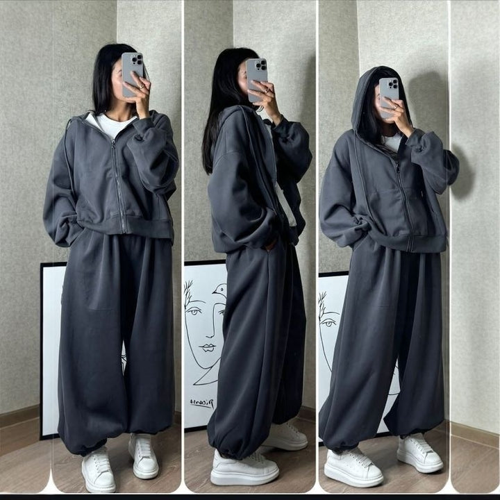 Women's oversized hooded jacket with zipper and wide jogging pants lounge set Mune Fashion