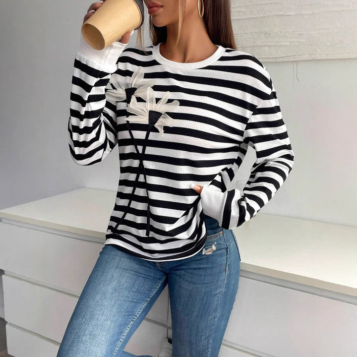 Women's striped rib long-sleeve shirt with three-dimensional flower appliqué and round neck Mune Fashion