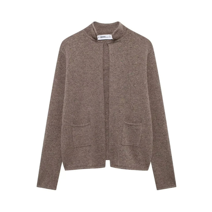 Women's open knit cardigan with stand-up collar and patch pockets Mune Fashion