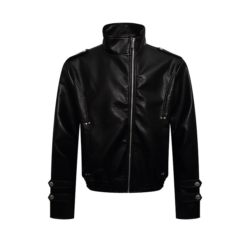 Men's short cut faux leather jacket with stand-up collar, zip front and decorative cuffs Mune Fashion