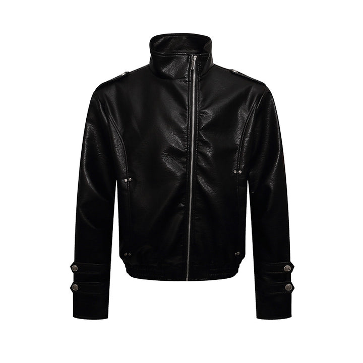 Men's short cut faux leather jacket with stand-up collar, zip front and decorative cuffs Mune Fashion