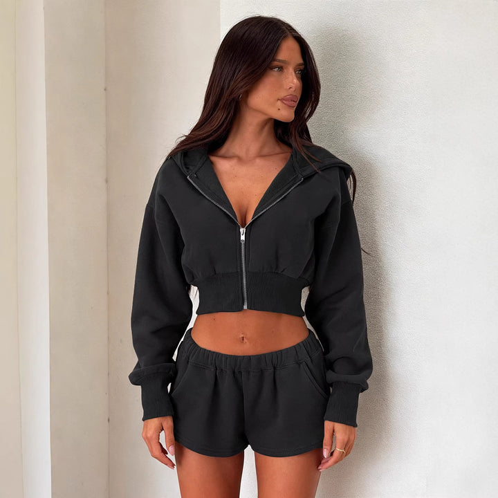 Women's Short Hoodie Sweat Set with Zipper, Fitted Cropped Hoodie and High-Cut Relax Shorts Mune Fashion
