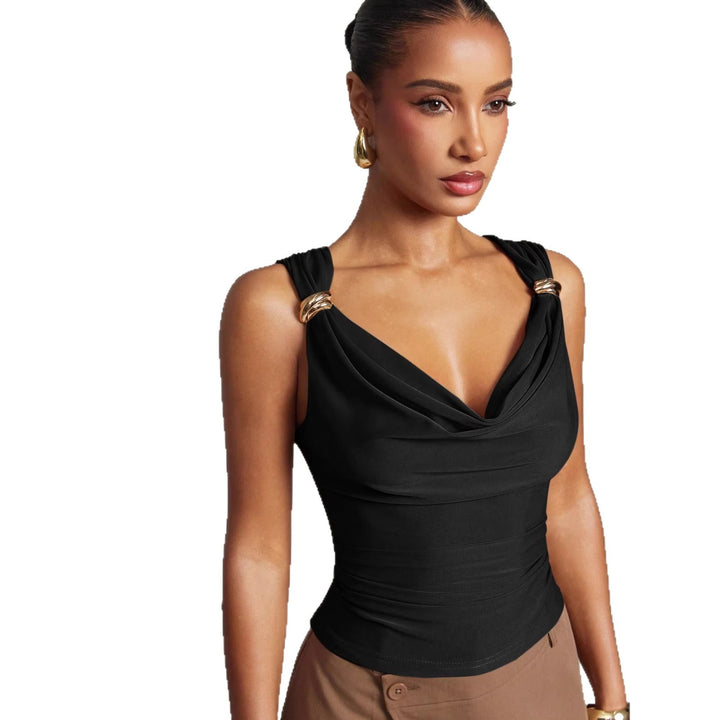 Ladies fitted top with draped neckline and decorative rings on the straps Mune Fashion