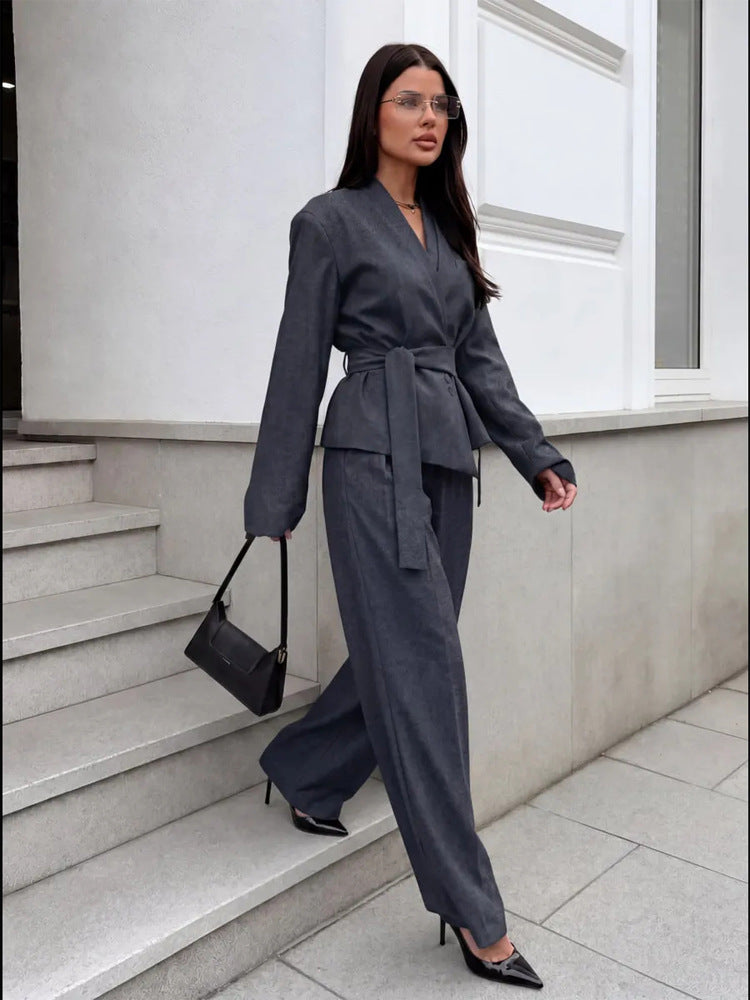 Women's Elegant Wrap Blazer Set with Waist Belt and Wide Pleated Trousers Mune Fashion