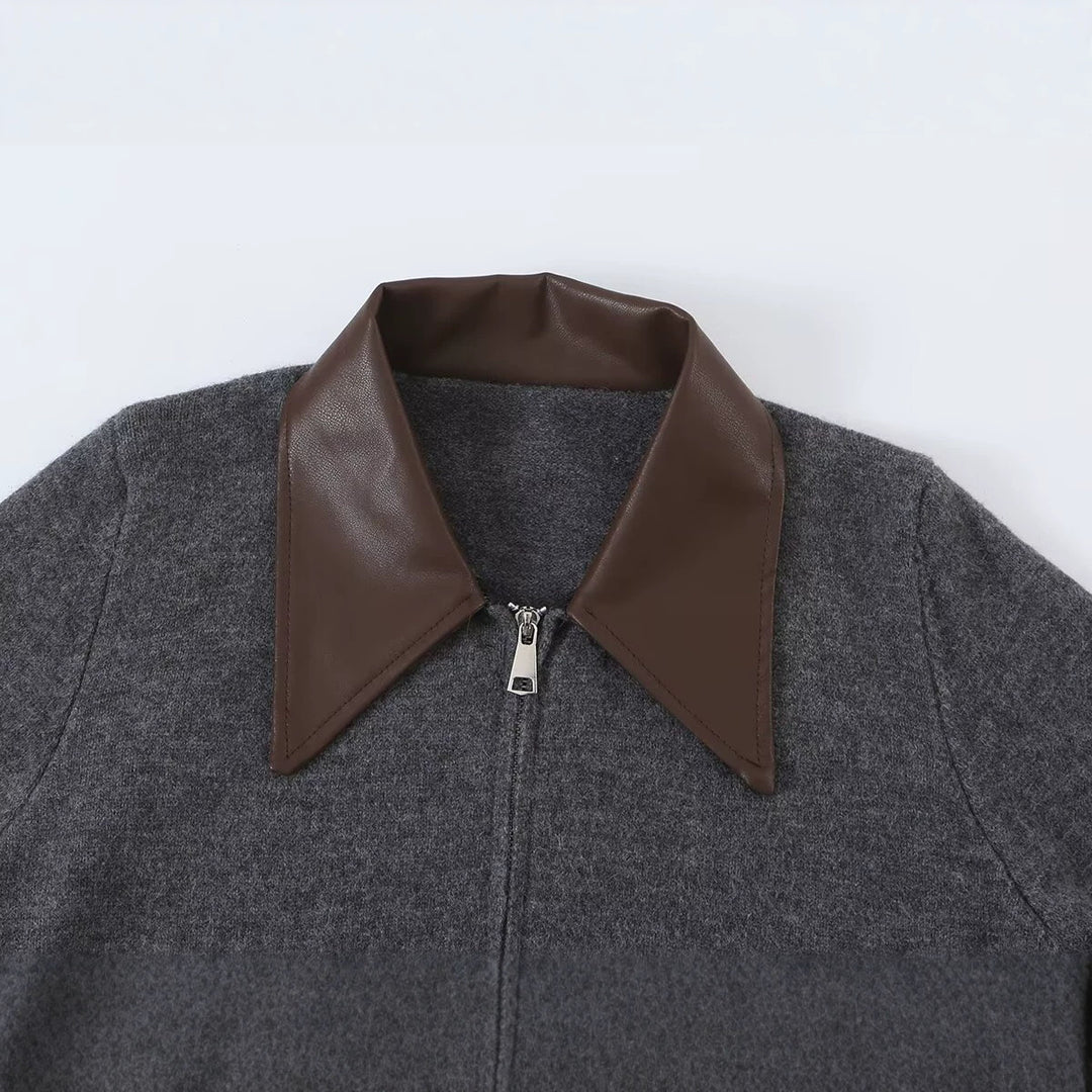 Women Short Wool Blend Cardigan with Zipper and Contrasting Faux Leather Collar Mune Fashion