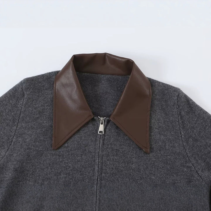 Women Short Wool Blend Cardigan with Zipper and Contrasting Faux Leather Collar Mune Fashion