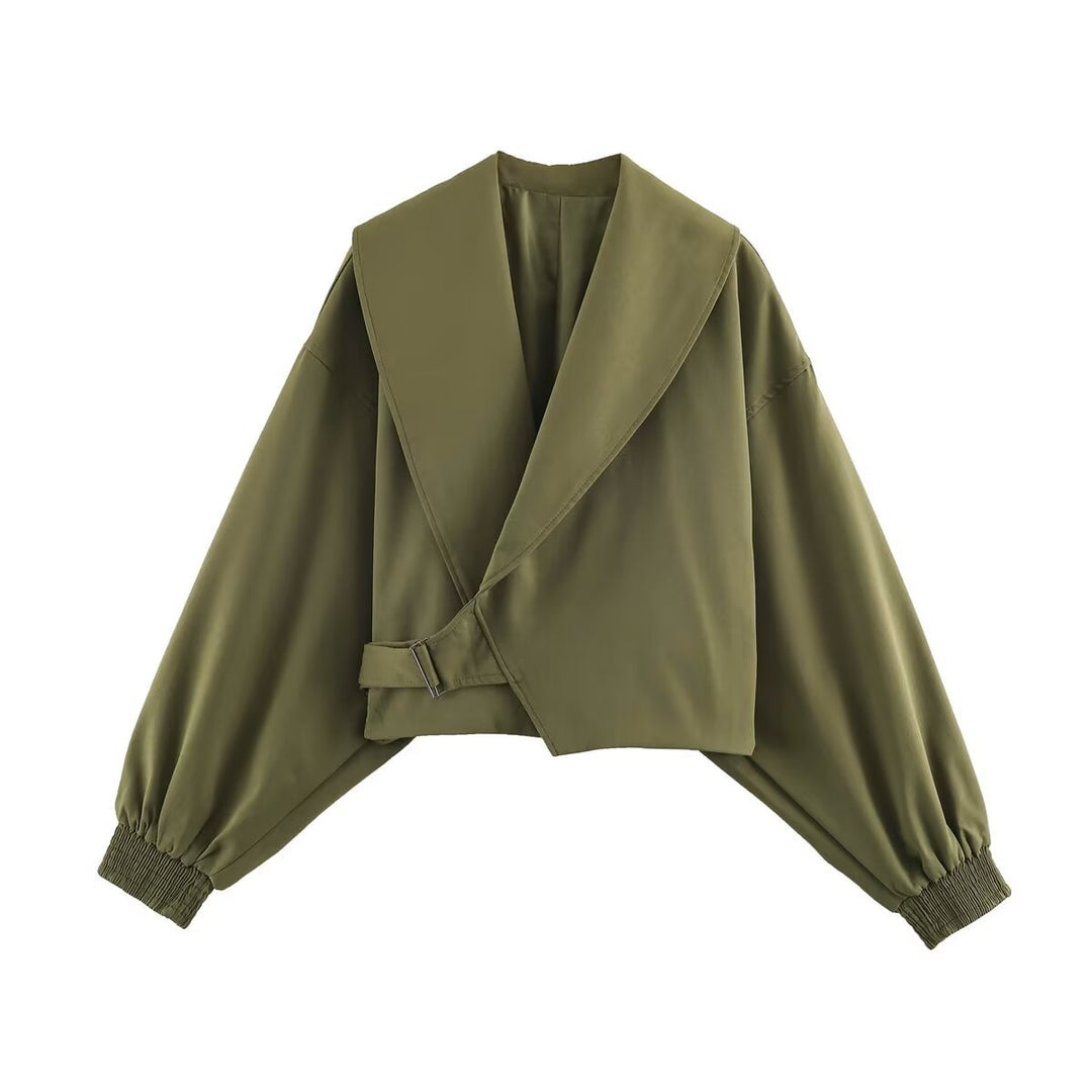 Women Short Cut Wrap Jacket with Large Shawl Collar, Waist Tie and Balloon Sleeves Mune Fashion