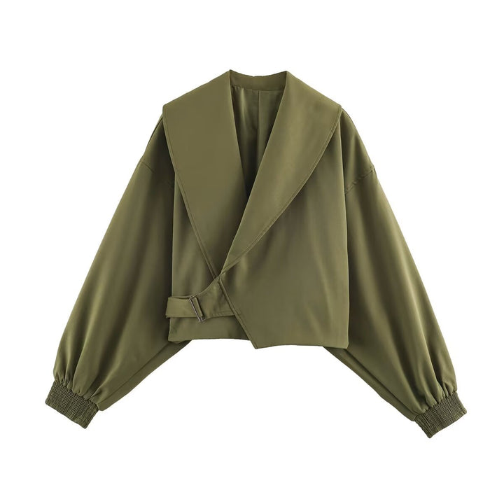 Women Short Cut Wrap Jacket with Large Shawl Collar, Waist Tie and Balloon Sleeves Mune Fashion