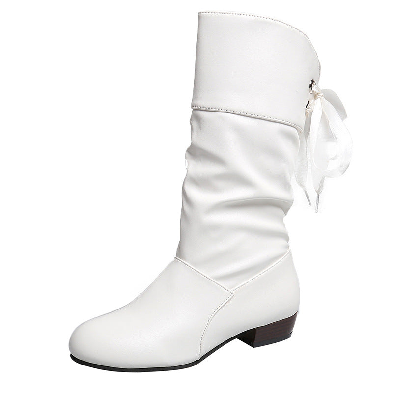 Women's Refined Boots with Mid-Height Shaft, Soft Gather and Decorative Bow Binding Mune Fashion