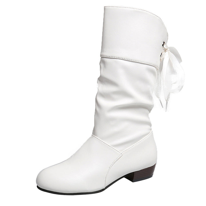 Women's Refined Boots with Mid-Height Shaft, Soft Gather and Decorative Bow Binding Mune Fashion