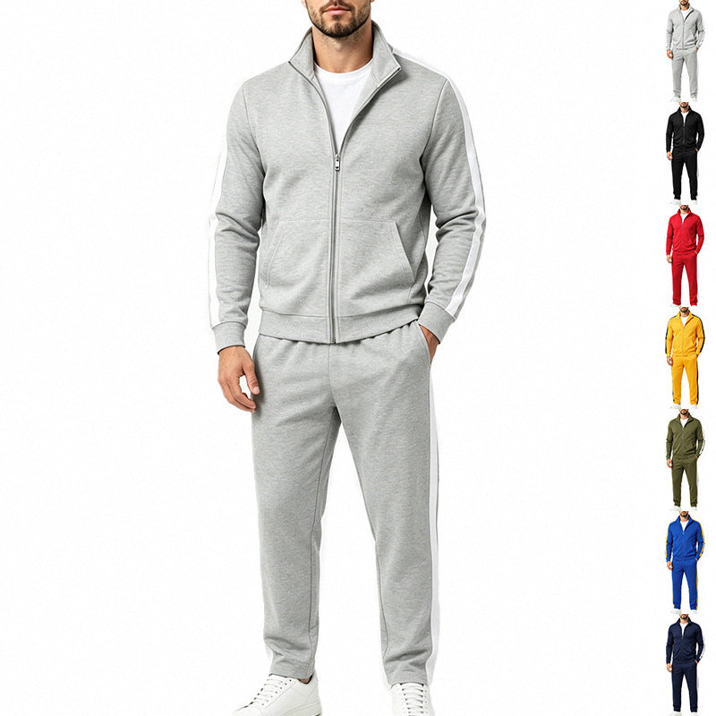 Men's Two-Piece Training Set with Stand Collar, Contrast Stripes and Zip Mune Fashion