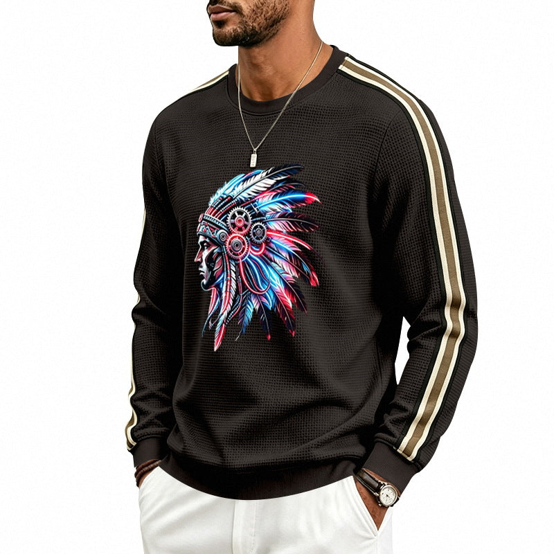 Men's sweatshirt with feather headpiece print, waffle structure and contrasting shoulder stripes Mune Fashion