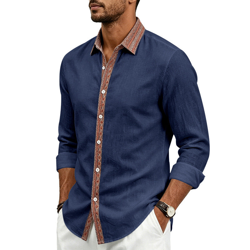 Men's Elegant Linen Look Shirt with Ethno Trim on Collar and Button Placket Mune Fashion