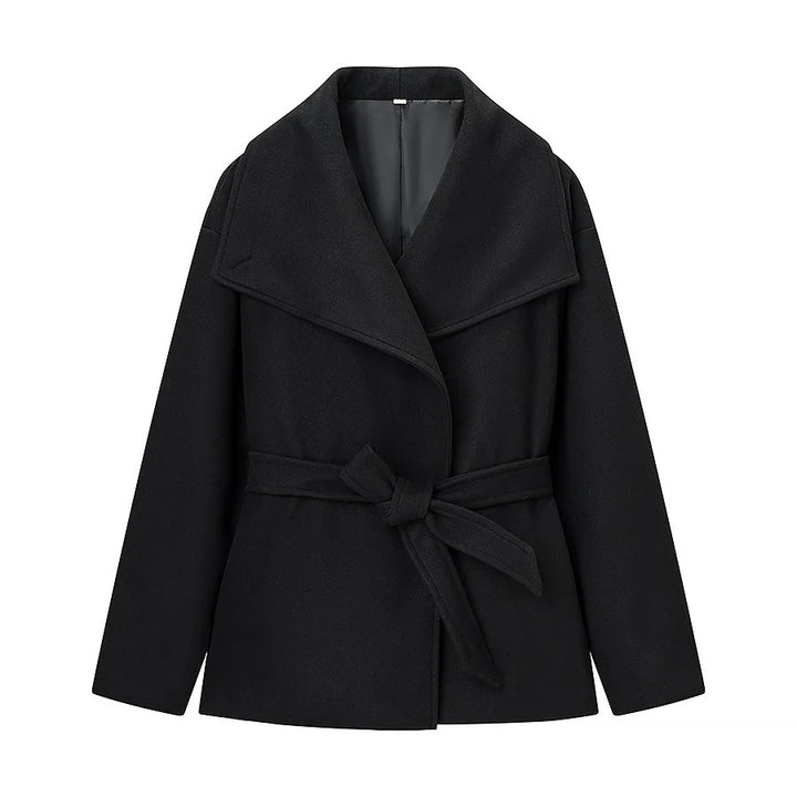 Women's cropped wool blend coat with dropped shoulder, large shawl collar and tie belt Mune Fashion