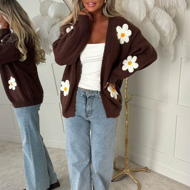 Women’s Oversize Knit Cardigan with 3D Flower Appliqués and Ribbed Hem Mune Fashion