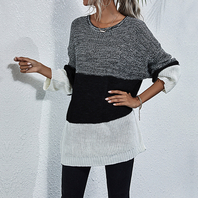 Women's Longline Chunky Knit Sweater with Color Block, Round Neck and Slightly Dropped Shoulder Mune Fashion