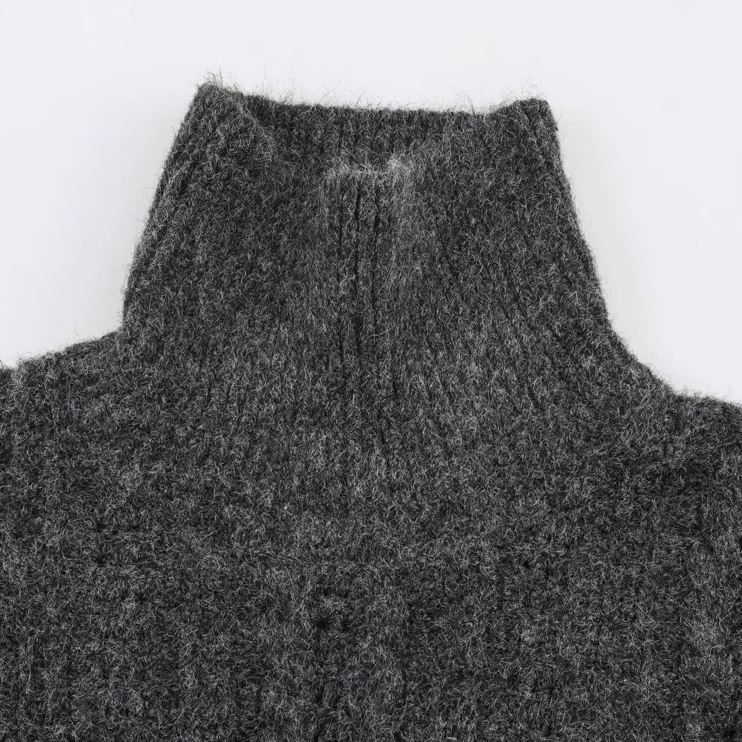 Women's Chunky Knit Oversized Sweater with High Turtleneck and Cable Pattern Mune Fashion