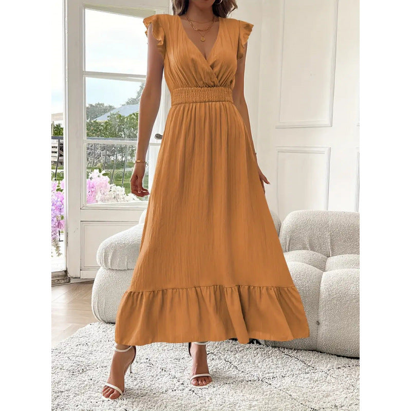 Women's Maxi Dress with Voluminous Ruffled Sleeves and Elegant Waist Mune Fashion