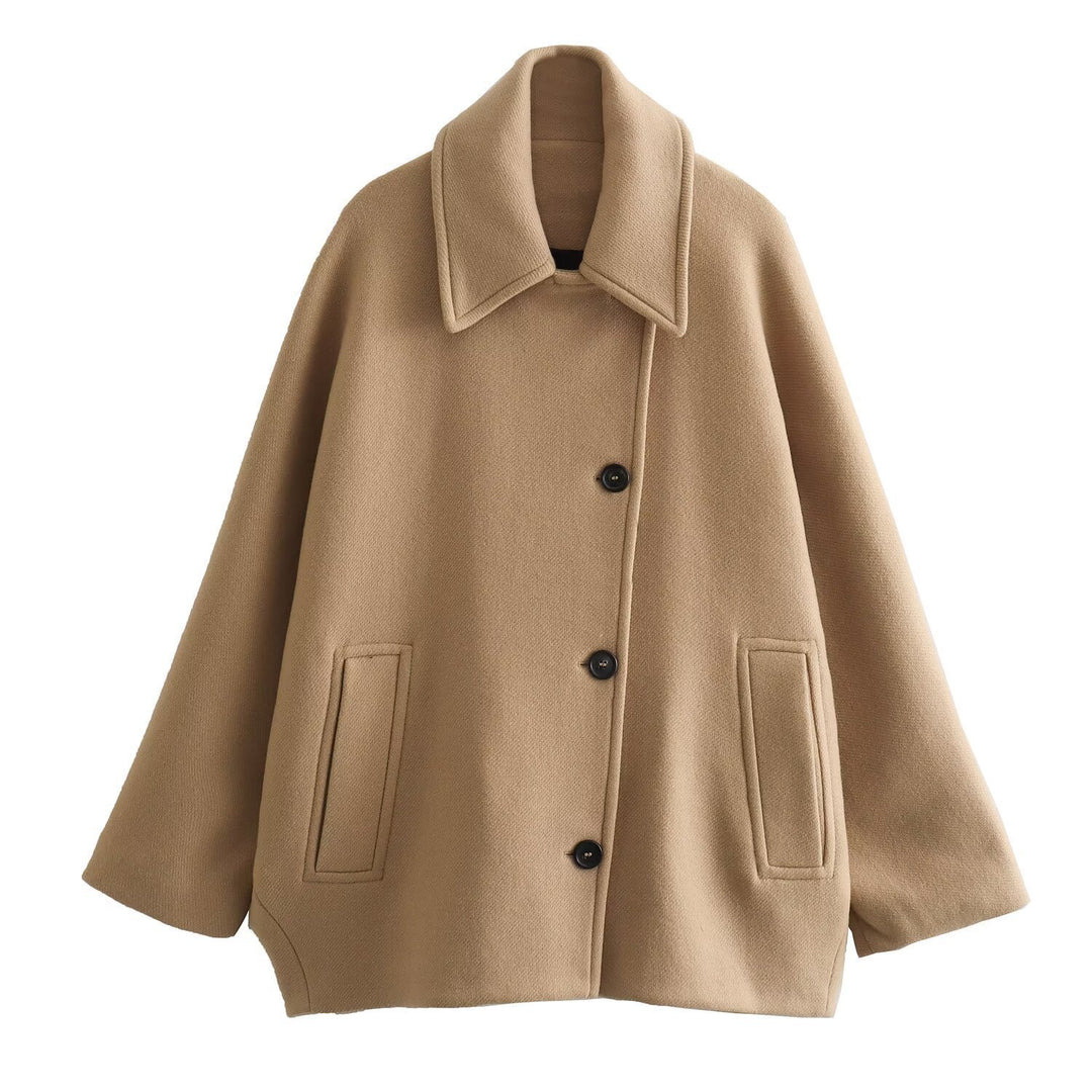 Women's short A-line wool blend coat with oversized lapel collar and side pockets Mune Fashion