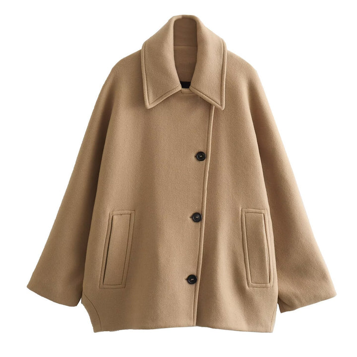 Women's short A-line wool blend coat with oversized lapel collar and side pockets Mune Fashion