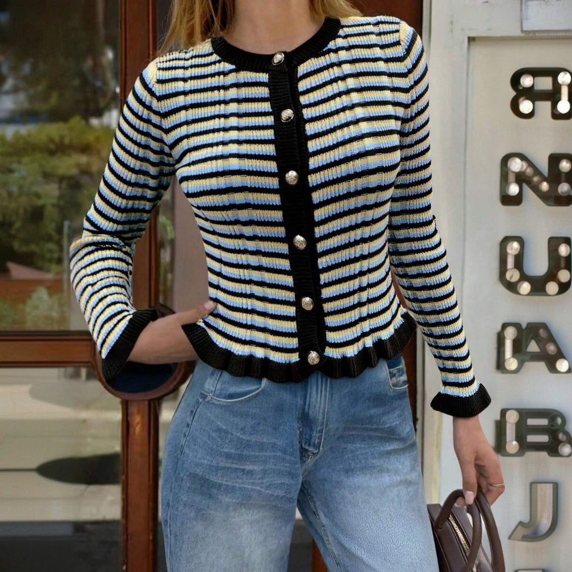 Women Ribbed Short Cardigan with Ruffle Cuffs & Statement Buttons Mune Fashion