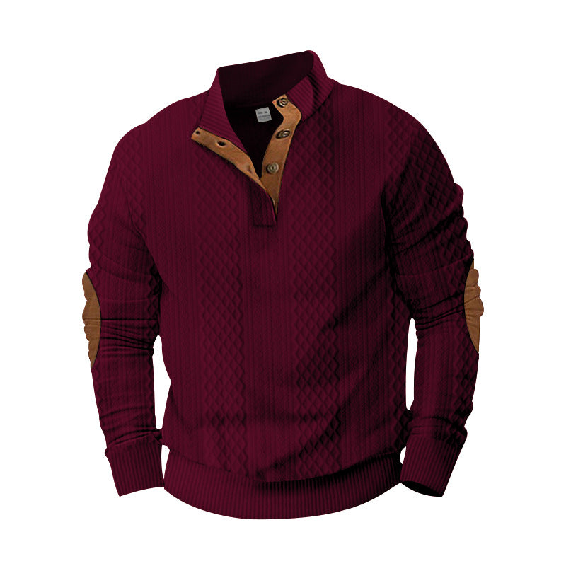 Men's structured Henley pullover with stand-up collar, button placket and leather-look elbow patches Mune Fashion