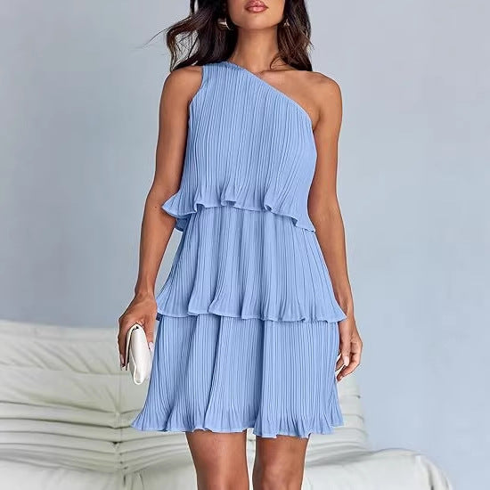 Women's Sleeveless Pleated Tiered Dress with Asymmetrical Shoulder Mune Fashion