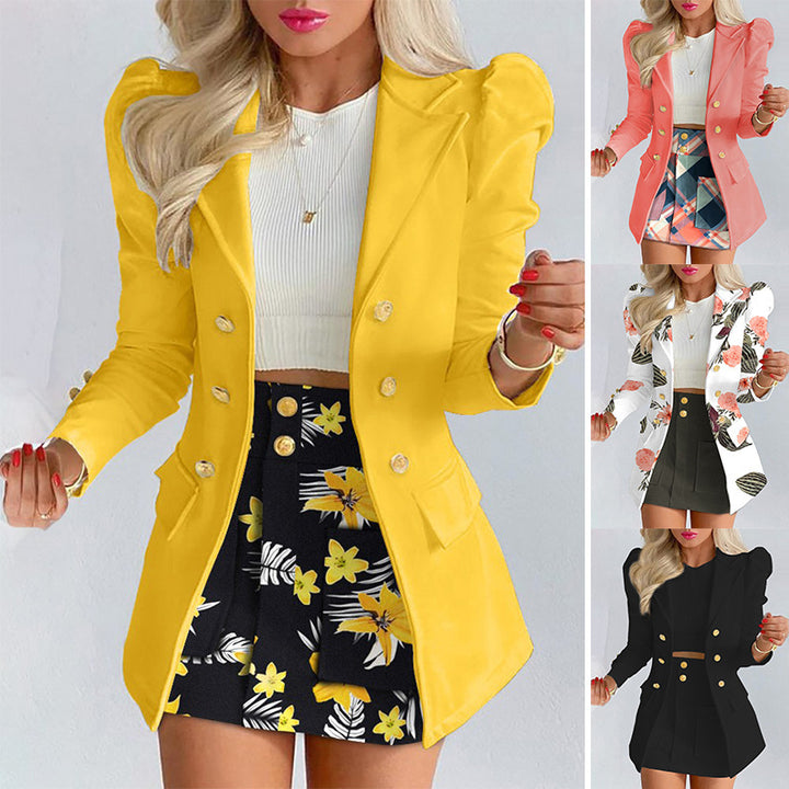 Women Two-piece checked blazer and mini skirt set with accentuated puff sleeves and gold buttons Mune Fashion