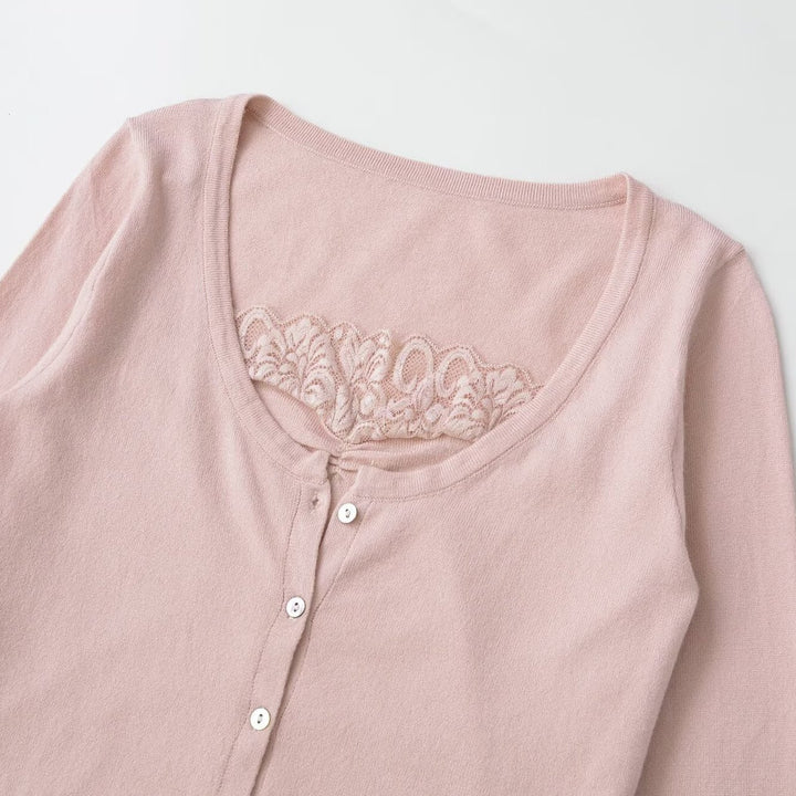 Women's fine-knit cardigan with lace insert and continuous button placket Mune Fashion