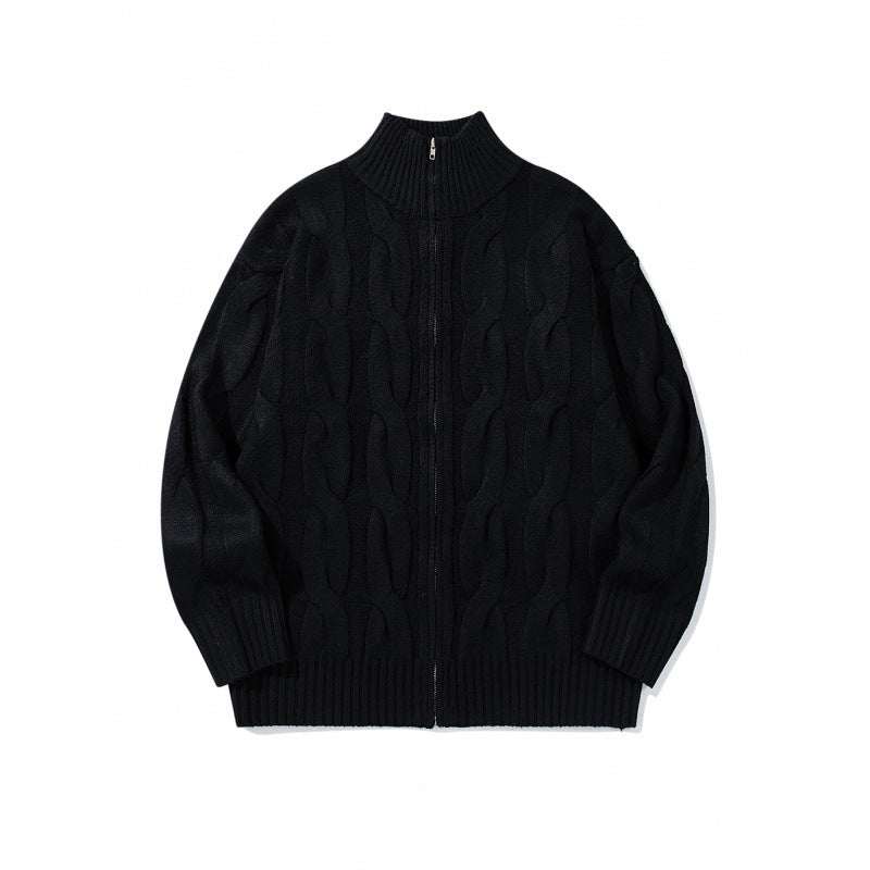 Unisex Chunky Knit Zip-up Cardigan with Cable Pattern and High Ribbed Collar Mune Fashion