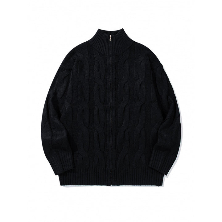 Unisex Chunky Knit Zip-up Cardigan with Cable Pattern and High Ribbed Collar Mune Fashion