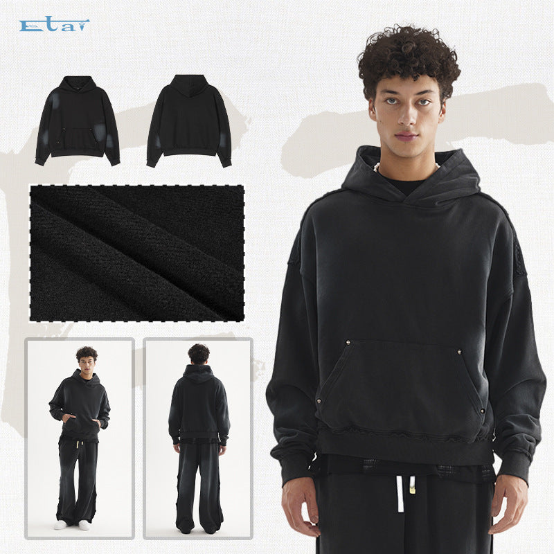 Unisex Oversized Hoodie with Frayed Hem, Kangaroo Pocket and Washed Bleach Effect Mune Fashion