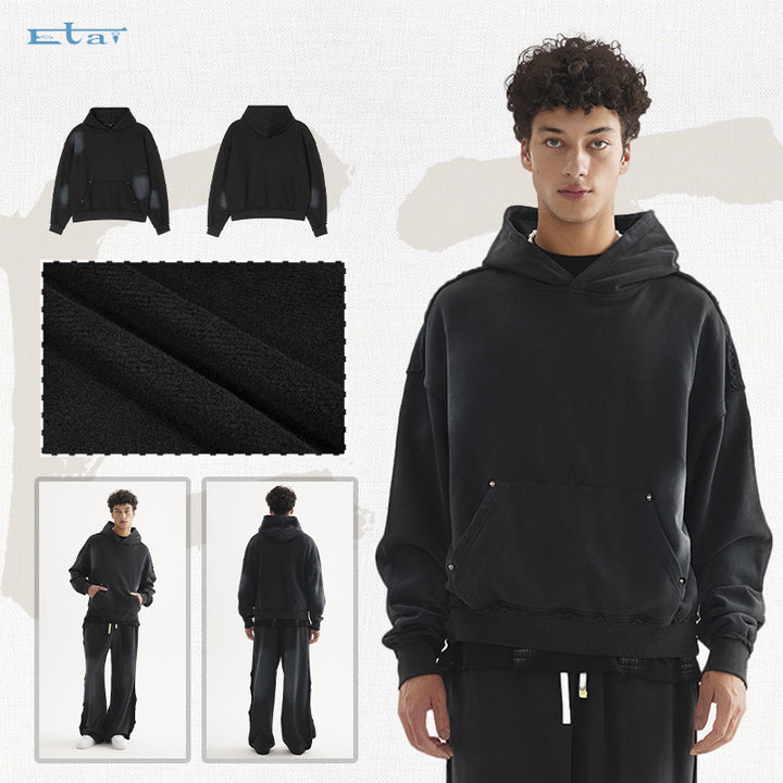 Unisex Oversized Hoodie with Frayed Hem, Kangaroo Pocket and Washed Bleach Effect Mune Fashion