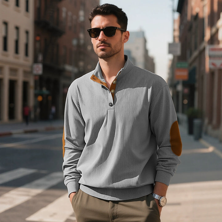 Men's casual structured sweater with polo collar, short button placket and vegan leather trims Mune Fashion