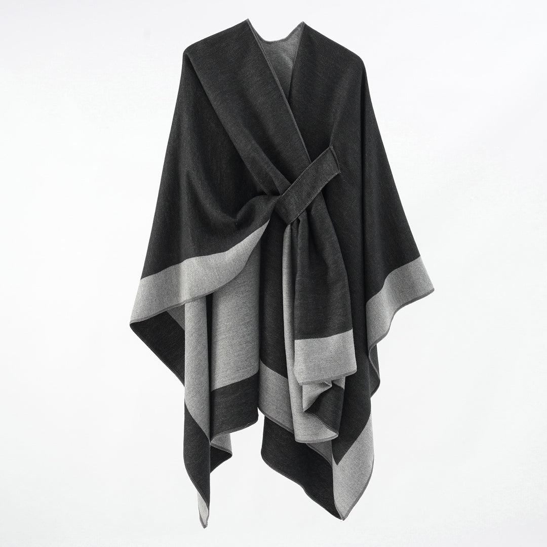 Women's loosely cut cape made of wool blend with tie belt and contrasting edges Mune Fashion