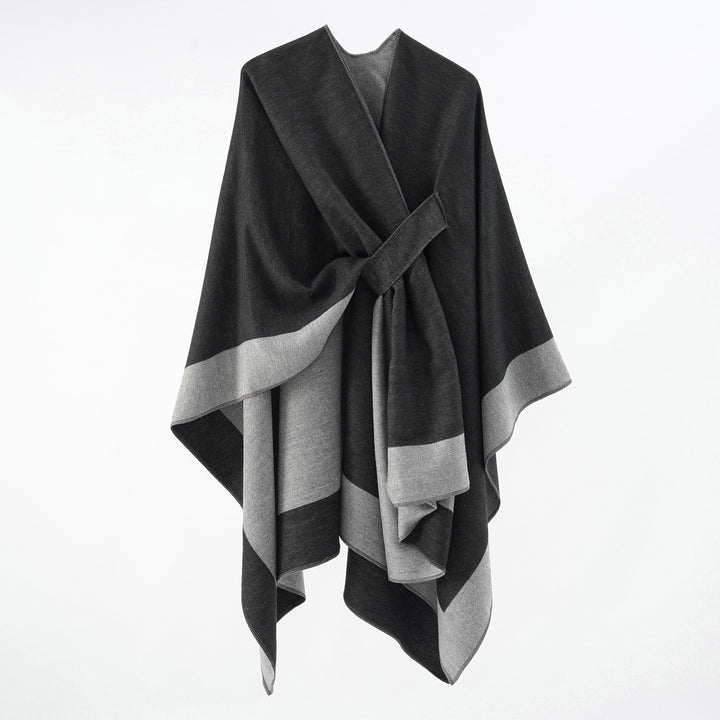 Women's loosely cut cape made of wool blend with tie belt and contrasting edges Mune Fashion