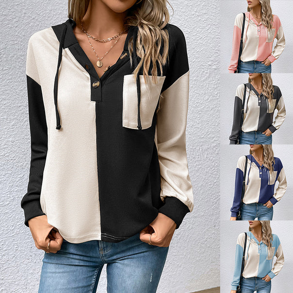 Women's Casual Colorblock Hoodie Henley with Waffle Texture and Chest Pocket Mune Fashion