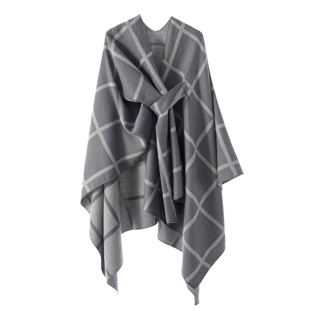 Women's Oversize Poncho made of fine knit with waistband and check pattern Mune Fashion