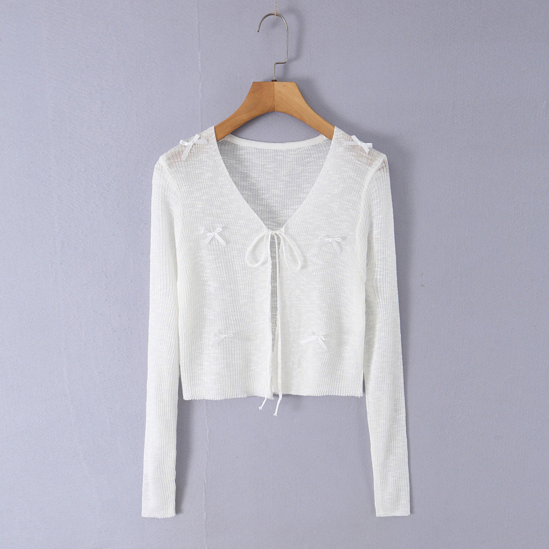 Women Cropped Fine Knit Cardigan with V-Neck, Tie Strap and Decorative Bows Mune Fashion