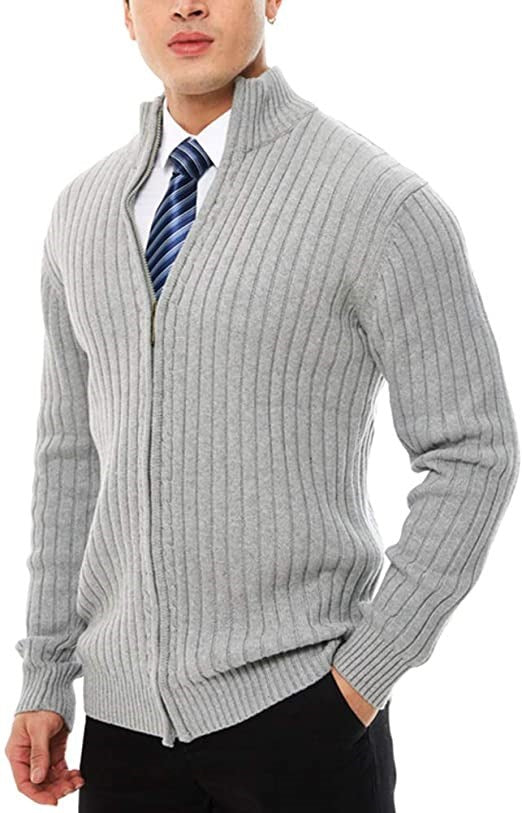 Men's fine-knit cardigan with full-length zipper, stand-up collar, and distinctive ribbed texture Mune Fashion