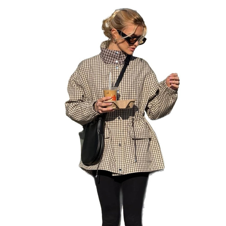 Women Checkered Waist Parka with Stand-up Collar, Drawstring, and Flap Pockets Mune Fashion