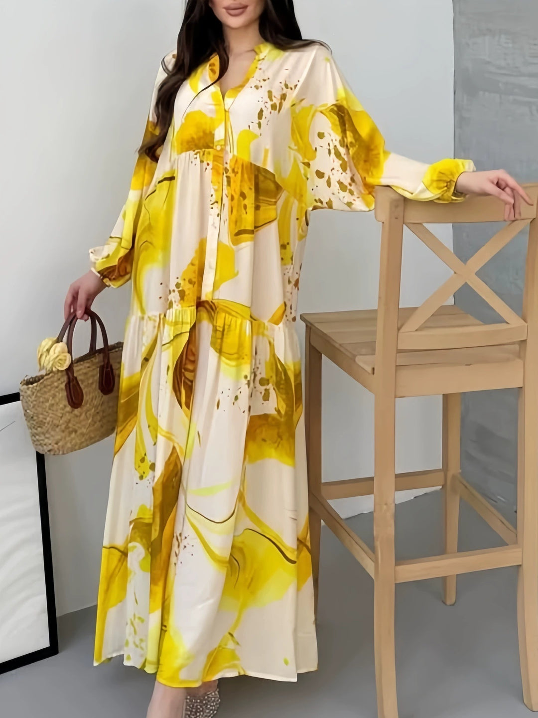 Women's Flowing Tiered Dress with Stand Collar, Balloon Sleeves and Button Placket Mune Fashion