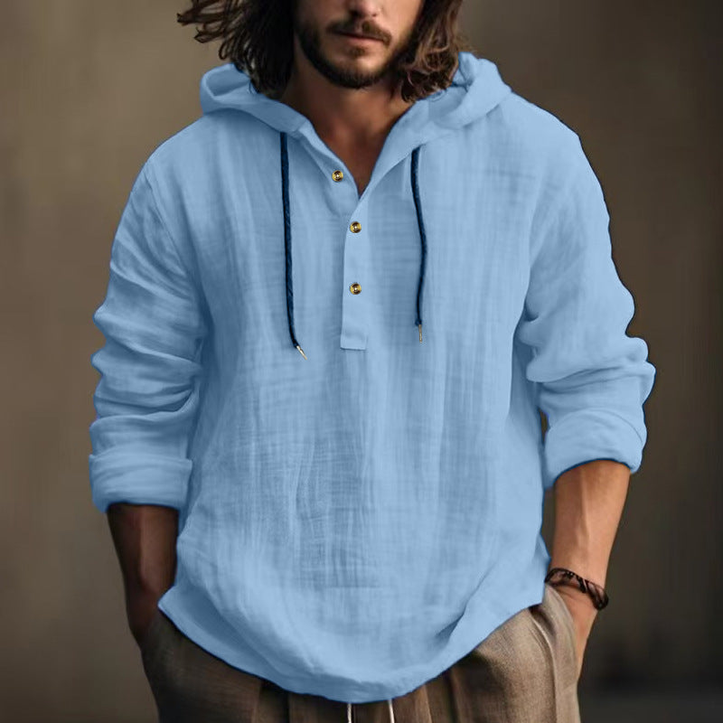 Men's lightweight hooded Henley linen shirt with button placket and drawstring Mune Fashion