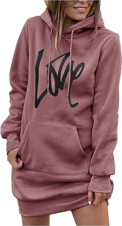 Ladies fleece hooded dress with kangaroo pocket, thumb hole sleeves and oversized sweatshirt cut Mune Fashion