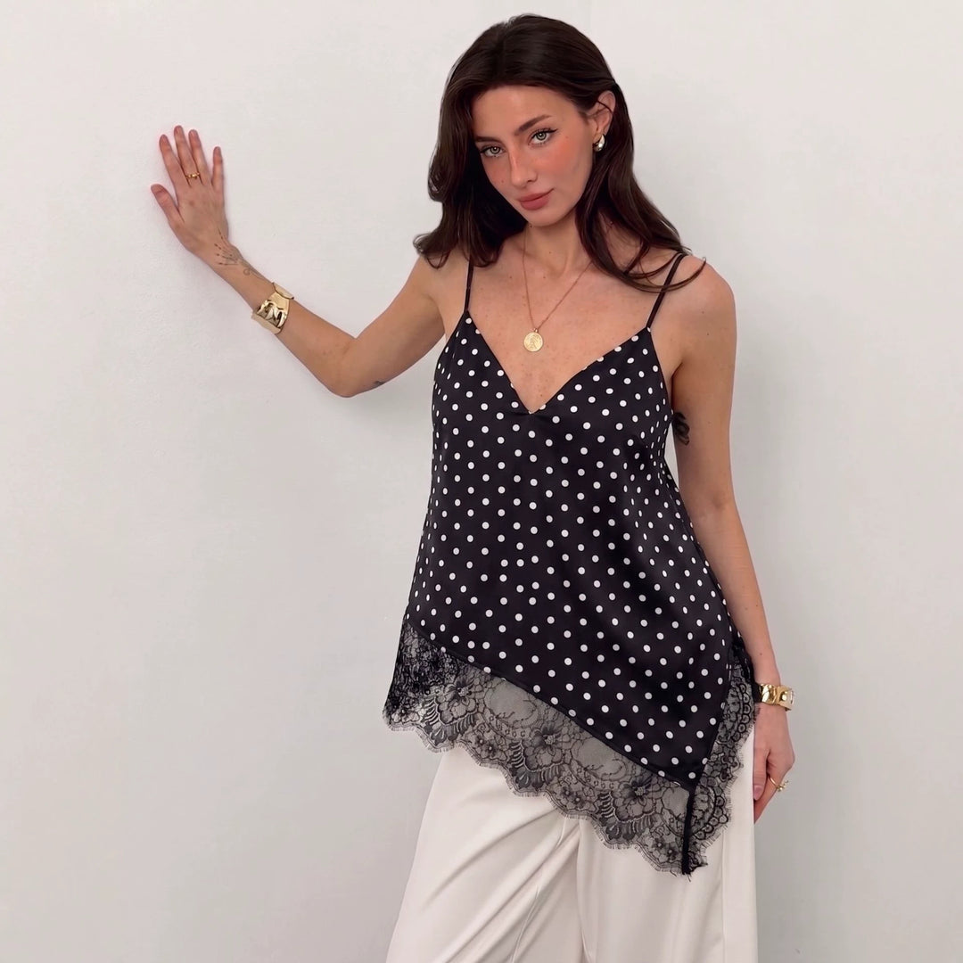 Women nan silky shiny spaghetti strap cami with asymmetric lace edge Mune Fashion