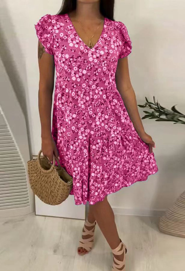 Ladies' V-neck tiered dress with puff sleeves and fitted underbust seam Mune Fashion