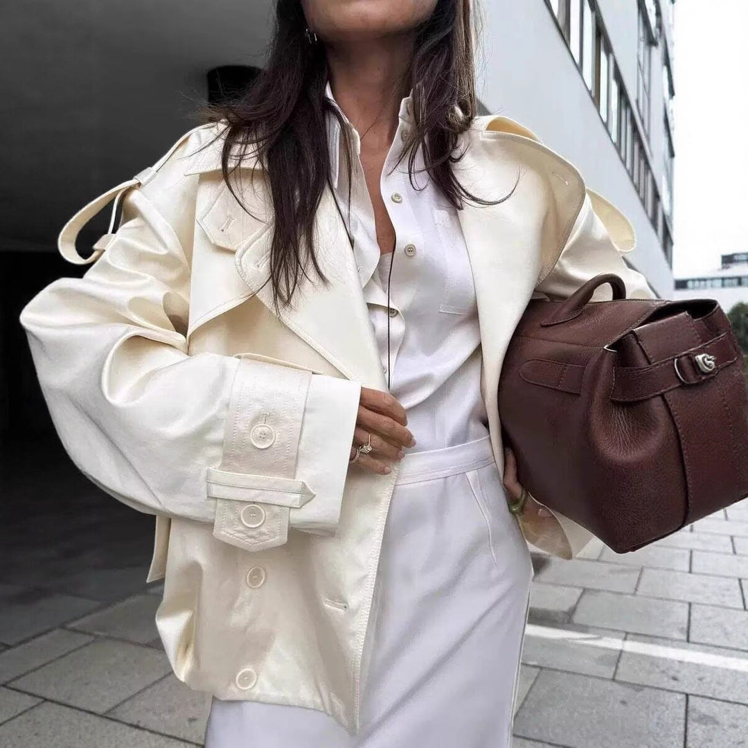 Women Short Boxy Double-breasted Trench with Drawstring and Decorative Shoulder Straps Mune Fashion