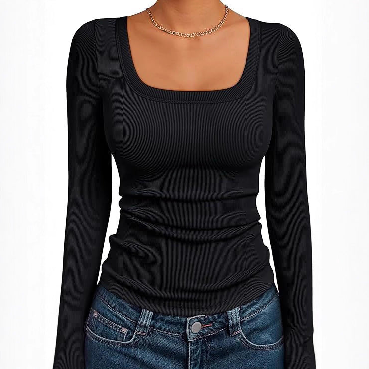 Women's Fitted Ribbed Long Sleeve Shirt with Wide Square Neckline and Stretch Cotton Blend Mune Fashion